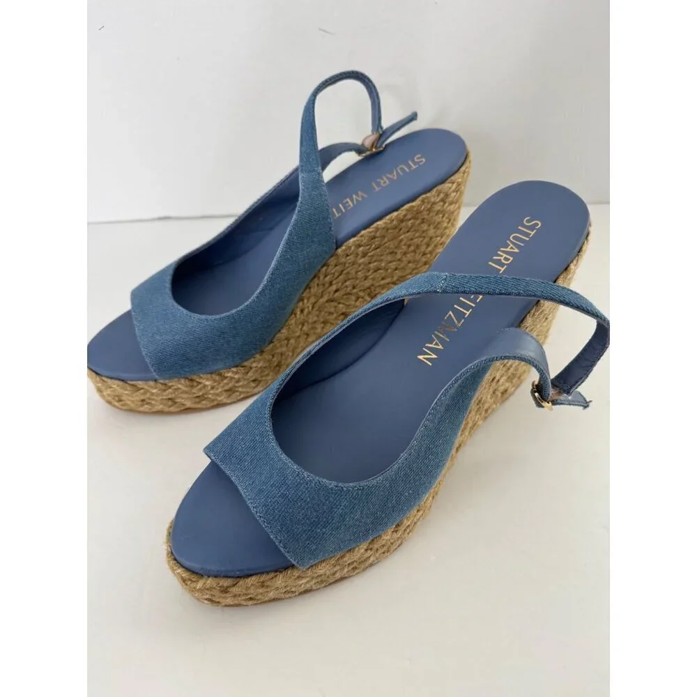 Stuart Weitzman Island Espadrille Wedge Sandal Peep Toe Jute & Denim Size 11